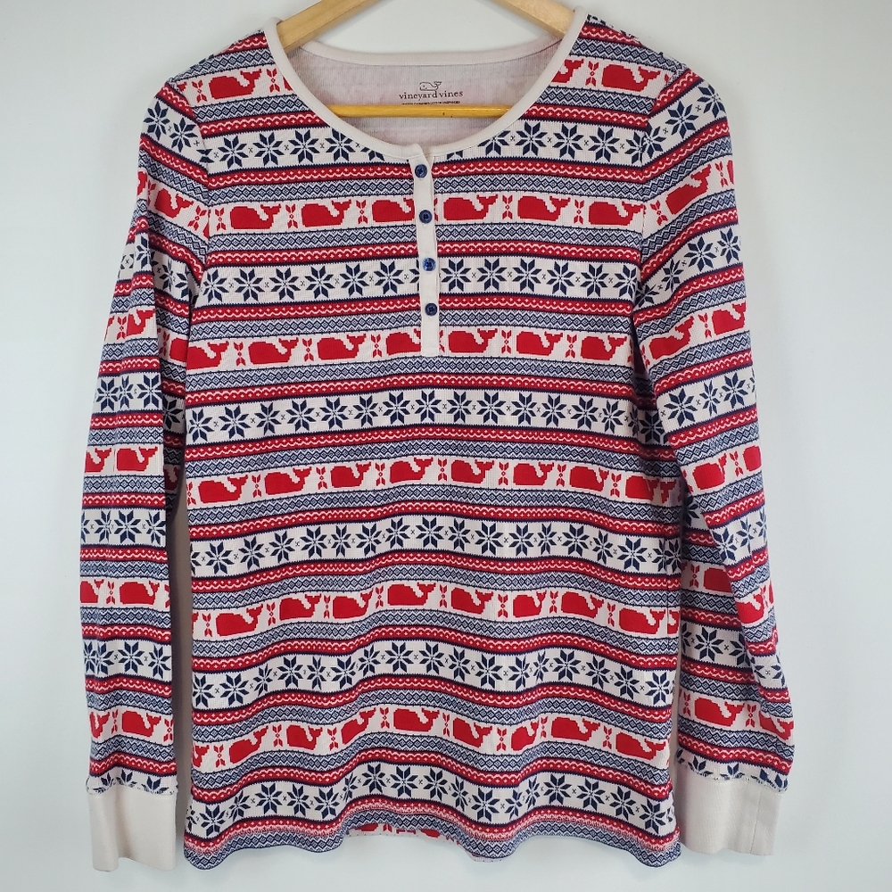 Vineyard Vines Womens Whale Snowflake Henley Shirt Waffle Knit Striped Sleep Med